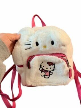 Hello Kitty White & Pink Faux Fur Mini Backpack With Adjustable Straps & Front Z